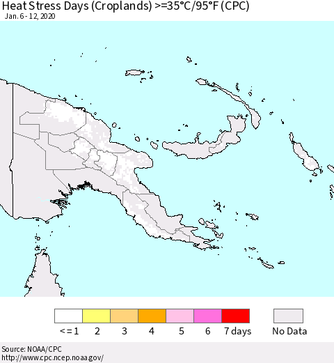 Papua New Guinea Heat Stress Days (Croplands) >=35°C/95°F (CPC) Thematic Map For 1/6/2020 - 1/12/2020