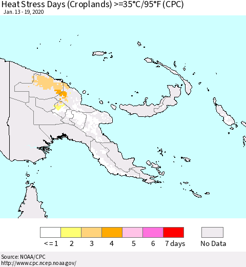Papua New Guinea Heat Stress Days (Croplands) >=35°C/95°F (CPC) Thematic Map For 1/13/2020 - 1/19/2020