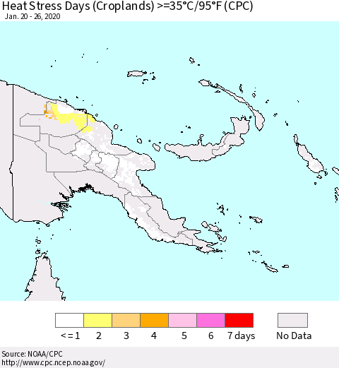 Papua New Guinea Heat Stress Days (Croplands) >=35°C/95°F (CPC) Thematic Map For 1/20/2020 - 1/26/2020