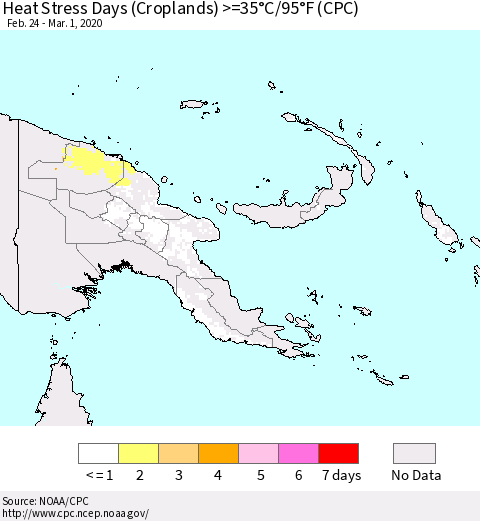 Papua New Guinea Heat Stress Days (Croplands) >=35°C/95°F (CPC) Thematic Map For 2/24/2020 - 3/1/2020
