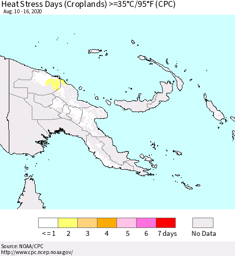 Papua New Guinea Heat Stress Days (Croplands) >=35°C/95°F (CPC) Thematic Map For 8/10/2020 - 8/16/2020