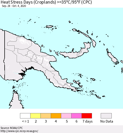 Papua New Guinea Heat Stress Days (Croplands) >=35°C/95°F (CPC) Thematic Map For 9/28/2020 - 10/4/2020