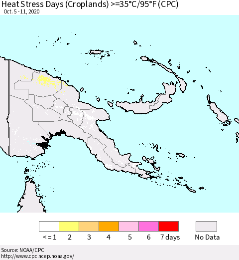 Papua New Guinea Heat Stress Days (Croplands) >=35°C/95°F (CPC) Thematic Map For 10/5/2020 - 10/11/2020