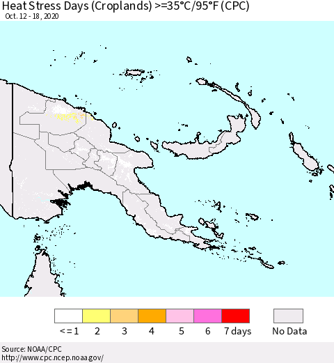 Papua New Guinea Heat Stress Days (Croplands) >=35°C/95°F (CPC) Thematic Map For 10/12/2020 - 10/18/2020