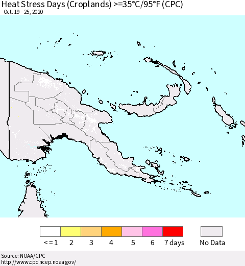Papua New Guinea Heat Stress Days (Croplands) >=35°C/95°F (CPC) Thematic Map For 10/19/2020 - 10/25/2020