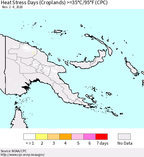 Papua New Guinea Heat Stress Days (Croplands) >=35°C/95°F (CPC) Thematic Map For 11/2/2020 - 11/8/2020