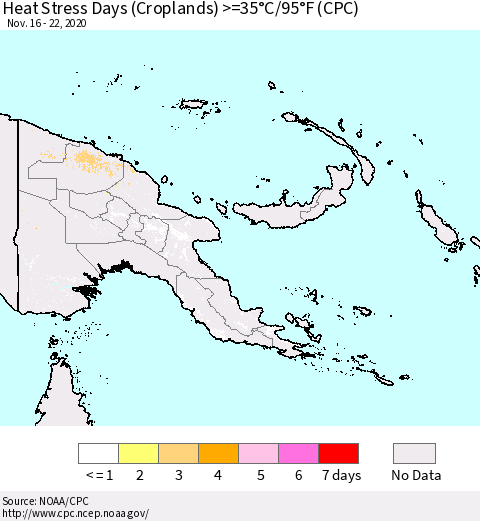 Papua New Guinea Heat Stress Days (Croplands) >=35°C/95°F (CPC) Thematic Map For 11/16/2020 - 11/22/2020