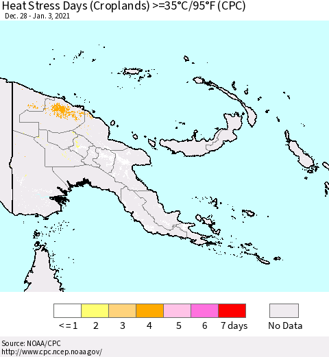 Papua New Guinea Heat Stress Days (Croplands) >=35°C/95°F (CPC) Thematic Map For 12/28/2020 - 1/3/2021