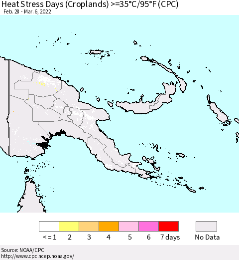 Papua New Guinea Heat Stress Days (Croplands) >=35°C/95°F (CPC) Thematic Map For 2/28/2022 - 3/6/2022
