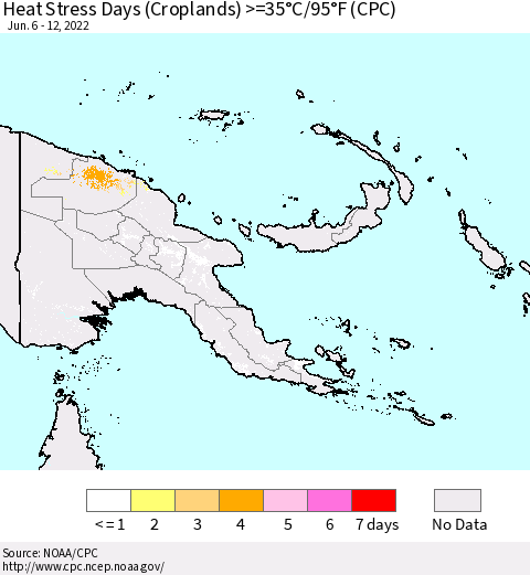Papua New Guinea Heat Stress Days (Croplands) >=35°C/95°F (CPC) Thematic Map For 6/6/2022 - 6/12/2022