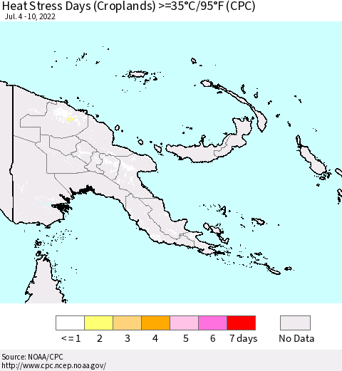 Papua New Guinea Heat Stress Days (Croplands) >=35°C/95°F (CPC) Thematic Map For 7/4/2022 - 7/10/2022