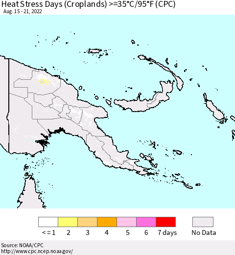 Papua New Guinea Heat Stress Days (Croplands) >=35°C/95°F (CPC) Thematic Map For 8/15/2022 - 8/21/2022
