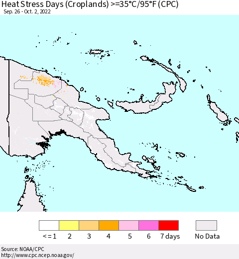 Papua New Guinea Heat Stress Days (Croplands) >=35°C/95°F (CPC) Thematic Map For 9/26/2022 - 10/2/2022