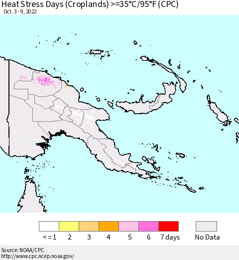 Papua New Guinea Heat Stress Days (Croplands) >=35°C/95°F (CPC) Thematic Map For 10/3/2022 - 10/9/2022