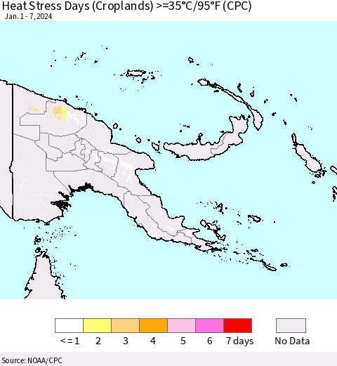 Papua New Guinea Heat Stress Days (Croplands) >=35°C/95°F (CPC) Thematic Map For 1/1/2024 - 1/7/2024