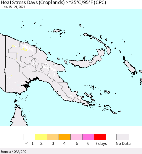 Papua New Guinea Heat Stress Days (Croplands) >=35°C/95°F (CPC) Thematic Map For 1/15/2024 - 1/21/2024