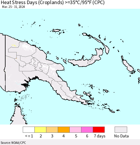 Papua New Guinea Heat Stress Days (Croplands) >=35°C/95°F (CPC) Thematic Map For 3/25/2024 - 3/31/2024
