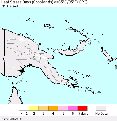 Papua New Guinea Heat Stress Days (Croplands) >=35°C/95°F (CPC) Thematic Map For 4/1/2024 - 4/7/2024
