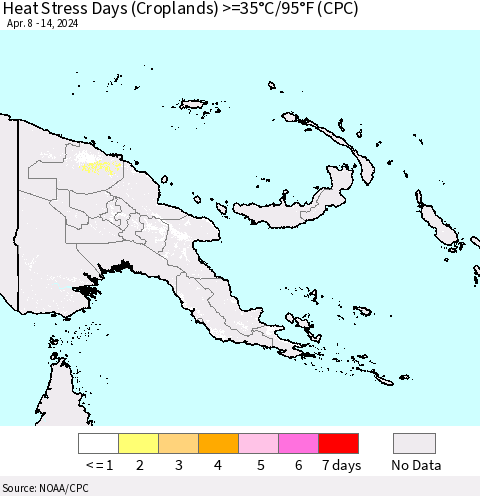 Papua New Guinea Heat Stress Days (Croplands) >=35°C/95°F (CPC) Thematic Map For 4/8/2024 - 4/14/2024