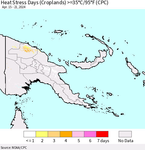 Papua New Guinea Heat Stress Days (Croplands) >=35°C/95°F (CPC) Thematic Map For 4/15/2024 - 4/21/2024