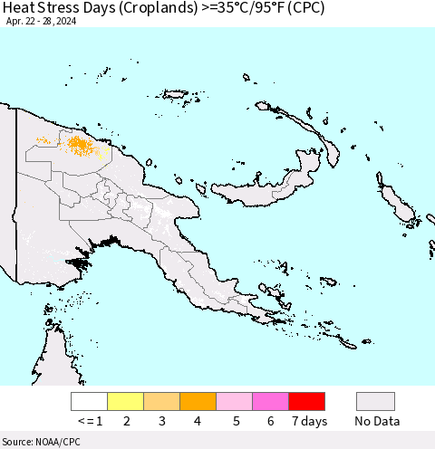 Papua New Guinea Heat Stress Days (Croplands) >=35°C/95°F (CPC) Thematic Map For 4/22/2024 - 4/28/2024
