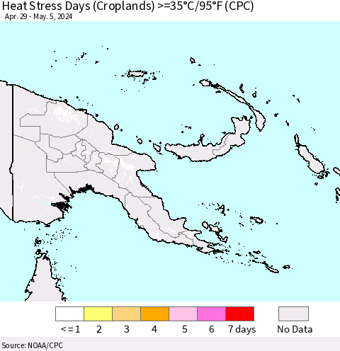 Papua New Guinea Heat Stress Days (Croplands) >=35°C/95°F (CPC) Thematic Map For 4/29/2024 - 5/5/2024