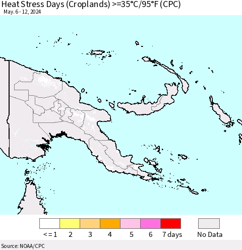 Papua New Guinea Heat Stress Days (Croplands) >=35°C/95°F (CPC) Thematic Map For 5/6/2024 - 5/12/2024
