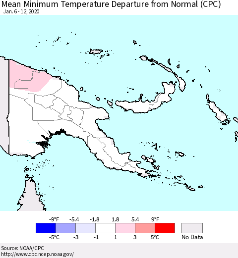Papua New Guinea Mean Minimum Temperature Departure from Normal (CPC) Thematic Map For 1/6/2020 - 1/12/2020