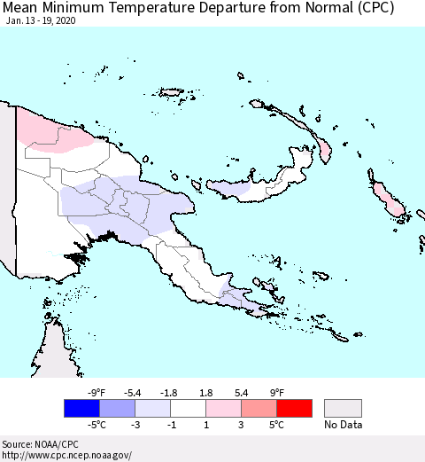 Papua New Guinea Mean Minimum Temperature Departure from Normal (CPC) Thematic Map For 1/13/2020 - 1/19/2020