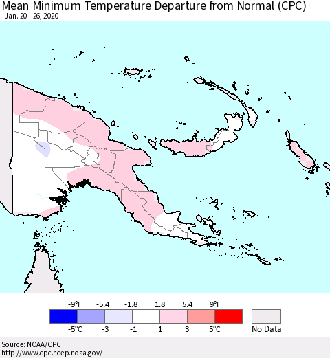 Papua New Guinea Mean Minimum Temperature Departure from Normal (CPC) Thematic Map For 1/20/2020 - 1/26/2020