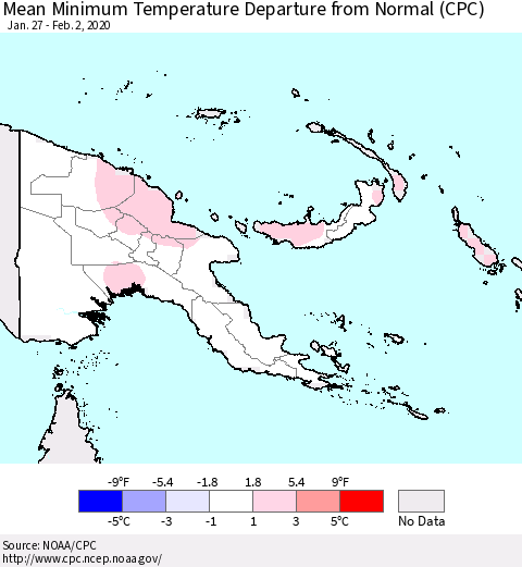 Papua New Guinea Mean Minimum Temperature Departure from Normal (CPC) Thematic Map For 1/27/2020 - 2/2/2020