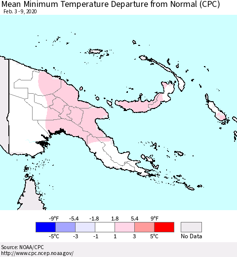 Papua New Guinea Mean Minimum Temperature Departure from Normal (CPC) Thematic Map For 2/3/2020 - 2/9/2020