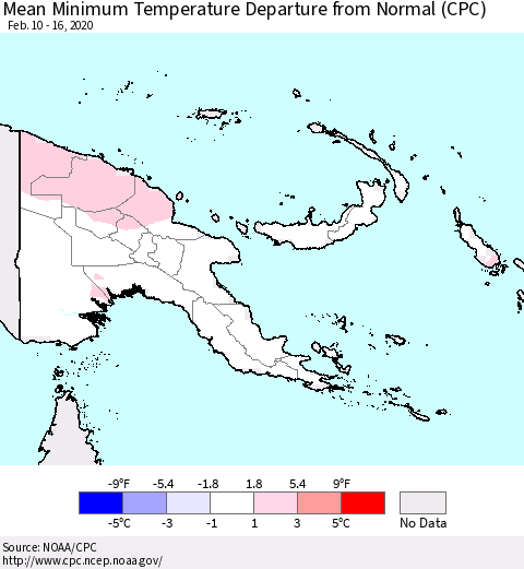 Papua New Guinea Mean Minimum Temperature Departure from Normal (CPC) Thematic Map For 2/10/2020 - 2/16/2020