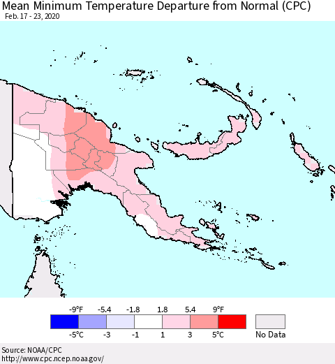 Papua New Guinea Mean Minimum Temperature Departure from Normal (CPC) Thematic Map For 2/17/2020 - 2/23/2020