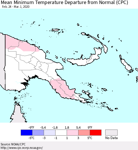 Papua New Guinea Mean Minimum Temperature Departure from Normal (CPC) Thematic Map For 2/24/2020 - 3/1/2020