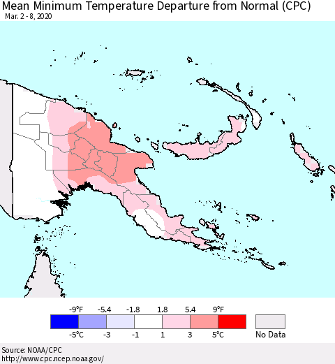 Papua New Guinea Mean Minimum Temperature Departure from Normal (CPC) Thematic Map For 3/2/2020 - 3/8/2020