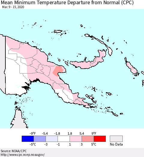 Papua New Guinea Mean Minimum Temperature Departure from Normal (CPC) Thematic Map For 3/9/2020 - 3/15/2020