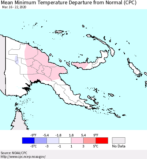Papua New Guinea Mean Minimum Temperature Departure from Normal (CPC) Thematic Map For 3/16/2020 - 3/22/2020