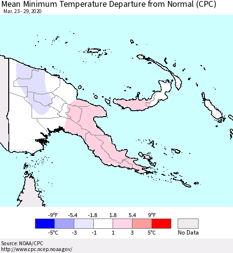 Papua New Guinea Mean Minimum Temperature Departure from Normal (CPC) Thematic Map For 3/23/2020 - 3/29/2020