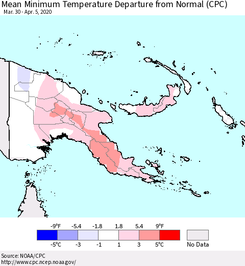 Papua New Guinea Mean Minimum Temperature Departure from Normal (CPC) Thematic Map For 3/30/2020 - 4/5/2020