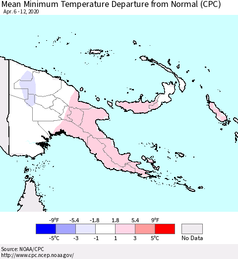 Papua New Guinea Mean Minimum Temperature Departure from Normal (CPC) Thematic Map For 4/6/2020 - 4/12/2020