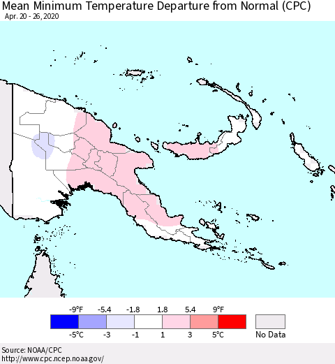 Papua New Guinea Mean Minimum Temperature Departure from Normal (CPC) Thematic Map For 4/20/2020 - 4/26/2020