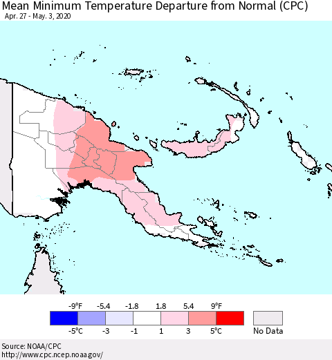 Papua New Guinea Mean Minimum Temperature Departure from Normal (CPC) Thematic Map For 4/27/2020 - 5/3/2020