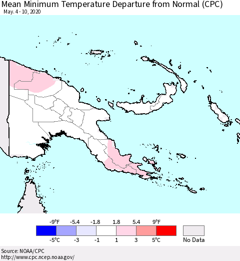 Papua New Guinea Mean Minimum Temperature Departure from Normal (CPC) Thematic Map For 5/4/2020 - 5/10/2020