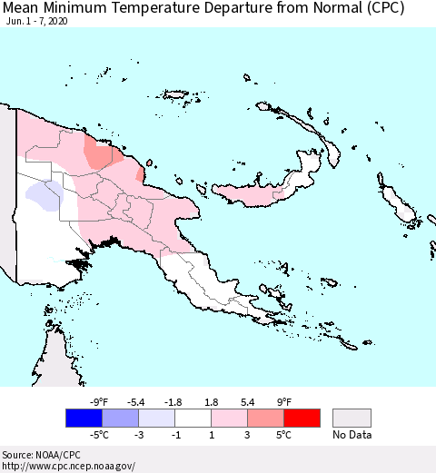 Papua New Guinea Mean Minimum Temperature Departure from Normal (CPC) Thematic Map For 6/1/2020 - 6/7/2020