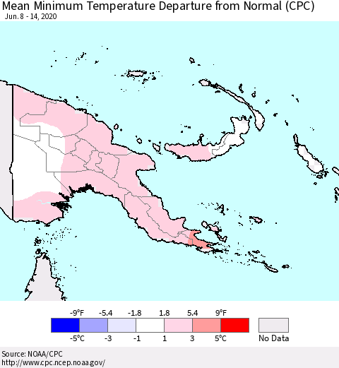Papua New Guinea Mean Minimum Temperature Departure from Normal (CPC) Thematic Map For 6/8/2020 - 6/14/2020