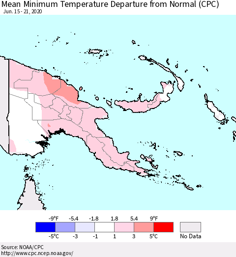 Papua New Guinea Mean Minimum Temperature Departure from Normal (CPC) Thematic Map For 6/15/2020 - 6/21/2020
