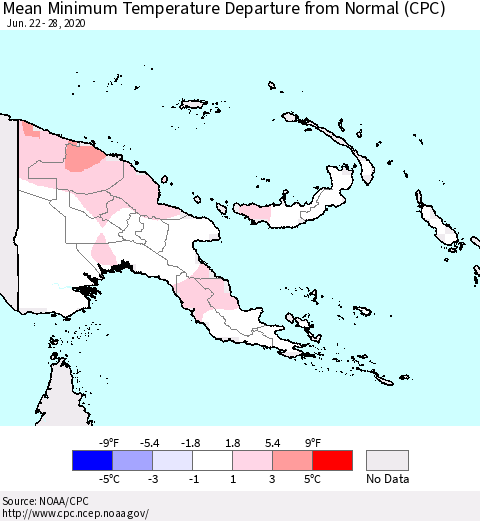 Papua New Guinea Mean Minimum Temperature Departure from Normal (CPC) Thematic Map For 6/22/2020 - 6/28/2020