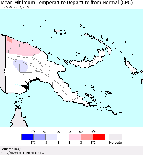 Papua New Guinea Mean Minimum Temperature Departure from Normal (CPC) Thematic Map For 6/29/2020 - 7/5/2020