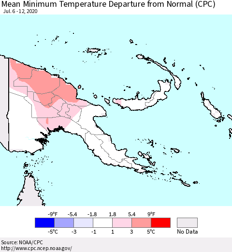 Papua New Guinea Mean Minimum Temperature Departure from Normal (CPC) Thematic Map For 7/6/2020 - 7/12/2020